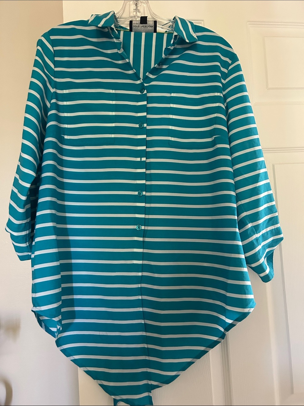 L Jones Newyork Worthington Teal and White Stripe Button-Down Shirt